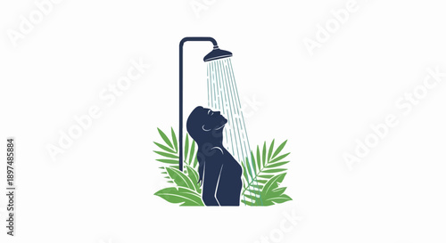 Silhouette of person enjoying a refreshing shower amidst lush green foliage