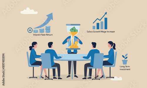 Time is money, salary meeting teams together increase concept, businessman hand holding hourglass with sand falling to money
