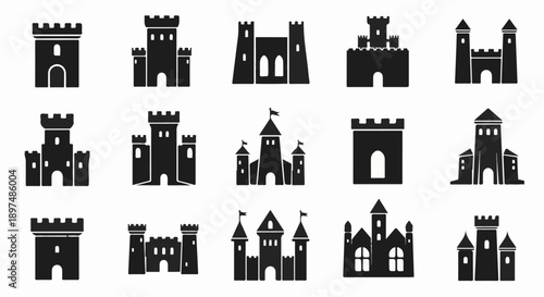 A collection of fifteen distinct black silhouette icons depicting various castle designs, each on a white background