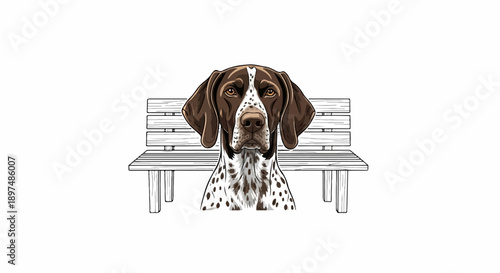 Brown and white spotted dog with large floppy ears sits in front of a wooden park bench