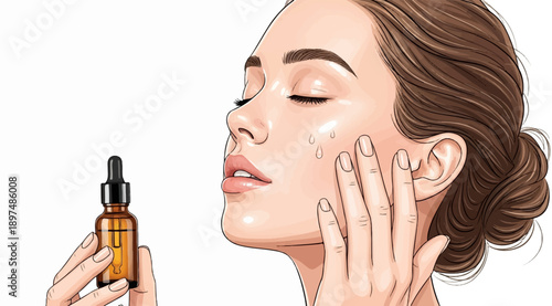 Close-up illustration of a woman applying serum to her face with a dropper