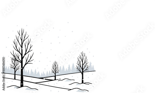 Sparse trees stand on a snow-covered landscape under a light snowfall, with a distant forest