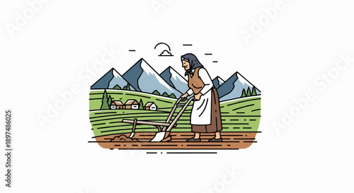 Woman plows field in mountain village with traditional tools