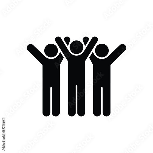Four silhouetted figures with arms raised in a celebratory gesture