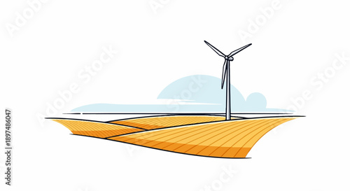 A stylized illustration of a wind turbine stands tall in a golden field under a pale blue sky
