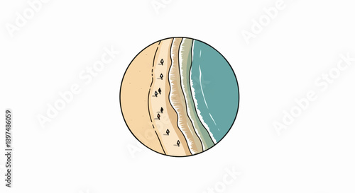 Aerial view of a sandy beach with gentle waves and tiny figures walking along the shore