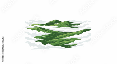 Pixelated green mountains peek through soft white clouds, creating a dreamy landscape