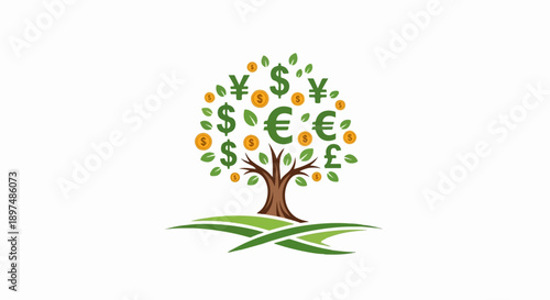 A stylized tree bearing currency symbols and coins, set against rolling green hills