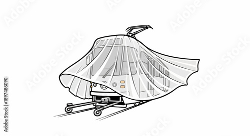 A vintage trolley is covered by a sheet, revealing its shape