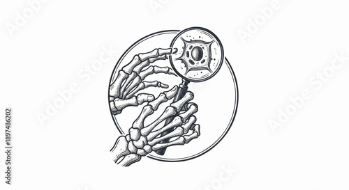 Skeletal hands examine a magnified cell structure within a circular frame, symbolizing scientific inquiry