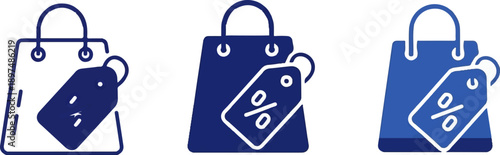 Three shopping bags with discount tags, rendered in a simple, graphic icon style