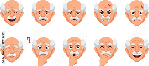 Diverse pixel art portraits of an elderly man expressing various emotions
