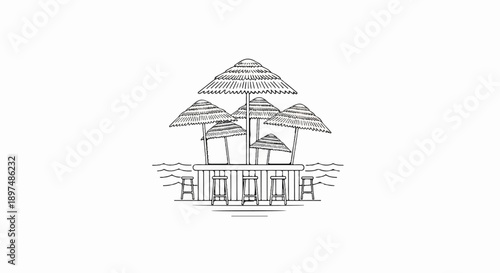 A sketch of a beach bar with thatched umbrellas and stools by the ocean