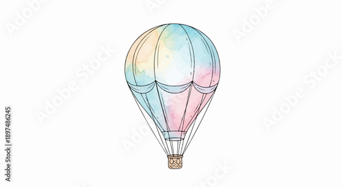 Delicate watercolor hot air balloon in pastel shades floats against a white background