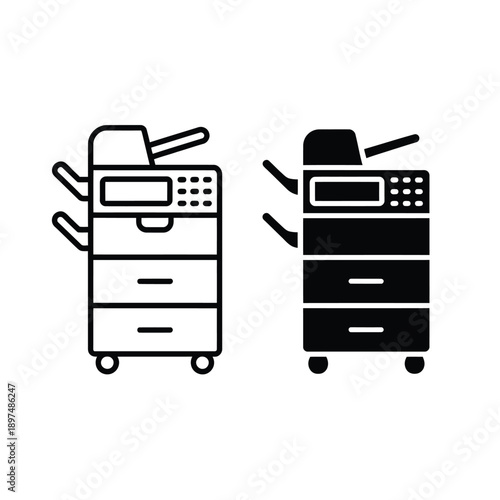 Two black and white line art depictions of a modern office copier