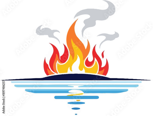 Stylized island ablaze over stylized water with a sunset reflection