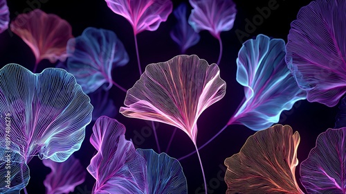 Glowing purple monstera leaves with neon veins unfolding in dark surreal botanical background