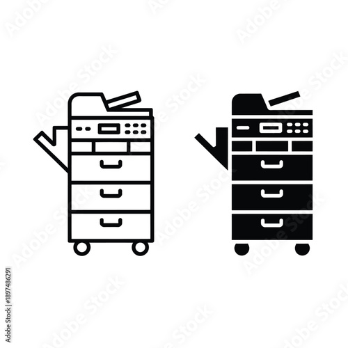 Black and white line icons depicting a modern office photocopier machine