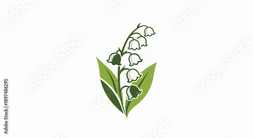 A stylized sprig of white lily of the valley flowers with green leaves