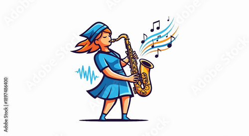 Stylized woman in blue dress and hat plays saxophone, emitting musical notes