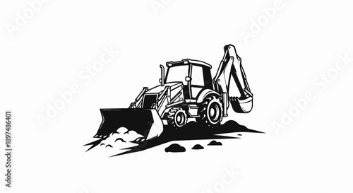 Black and white illustration of a backhoe loader digging earth