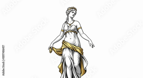 Ancient Greek statue of a draped woman with golden accents