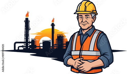 Smiling industrial worker stands before a silhouetted refinery at sunset, with flames on stacks