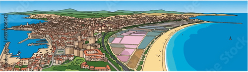 Panoramic view of a coastal town with a harbor, salt pans, beach, and blue sea