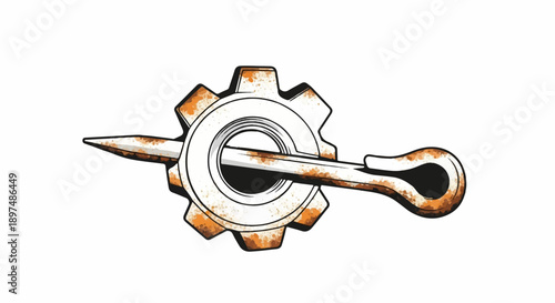 Rusty metallic gear with a spike piercing through its center and a handle