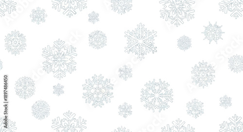 White background with a repeating pattern of light blue, detailed snowflakes in various sizes