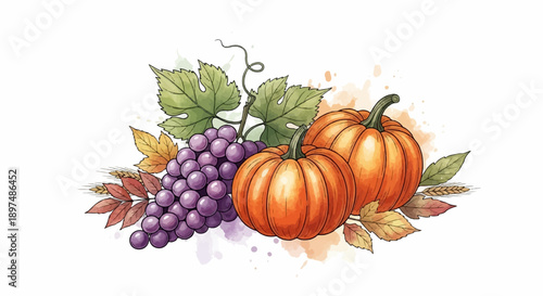 Watercolor arrangement of pumpkins, grapes, autumn leaves, and wheat stalks on white