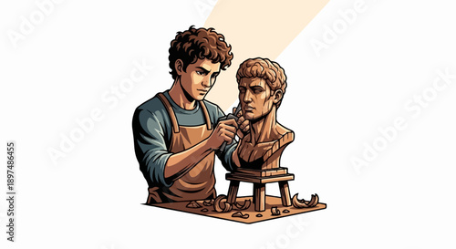 A focused artist carves a classical bust, surrounded by wood shavings