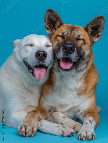 Wallpaper Mural Two affectionate dogs with eyes closed and tongues out cuddling together on a vibrant blue background expressing joy and companionship Torontodigital.ca