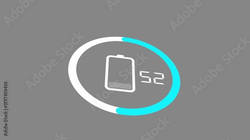 Battery charging digital display animation showing process of electric car battery charging. The charge indicator shows the progress of charging an electric car. EV Battery Charging Progress From 100