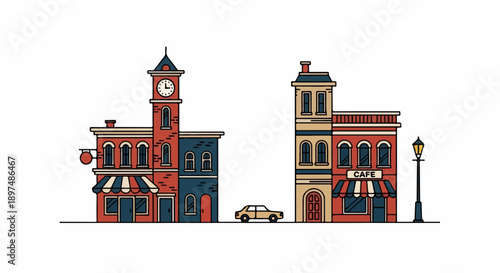 Cartoon illustration of a town scene with buildings, car, and lamppost