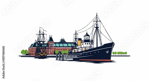 A historic sailing ship and modern vessel dock beside a brick museum building