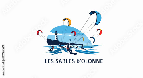 Several kite surfers ride waves near a lighthouse under a blue sky with colorful kites