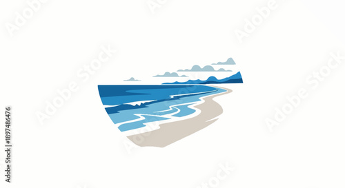 Stylized waves lap a sandy beach beneath distant mountains and clouds