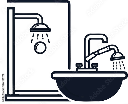 A minimalist line drawing depicts a shower enclosure and a sink with two showerheads in a bathroom setting
