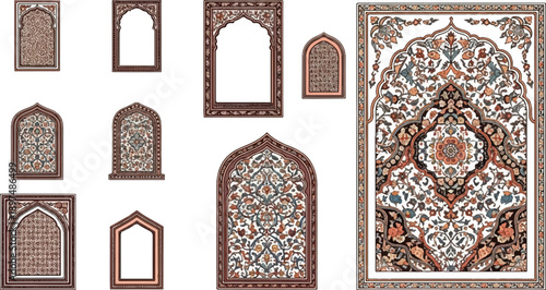 Ornate decorative frames and panels featuring intricate floral patterns and archways