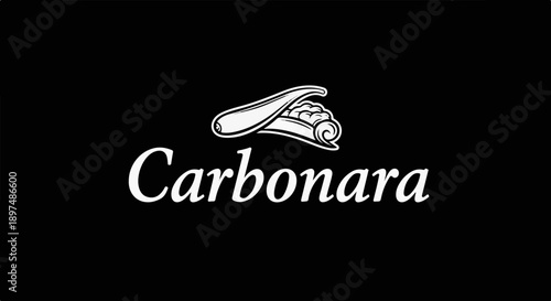 A stylized white graphic of pasta with text below