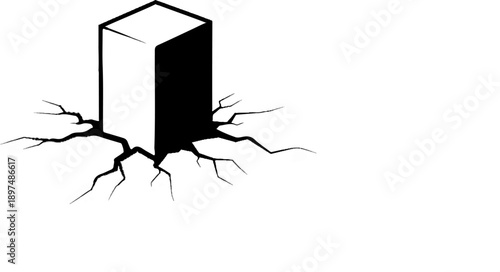 Abstract 3D cuboid form with emanating cracks across a stark white backdrop