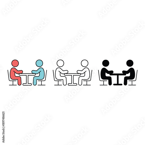 Four sets of stylized figures seated at tables in a row