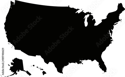 A black silhouette of the continental United States, including Alaska and Hawaii, on a white background