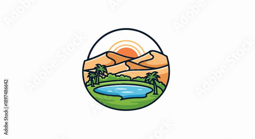 A stylized desert oasis with sand dunes, palm trees, a pond, and a setting sun