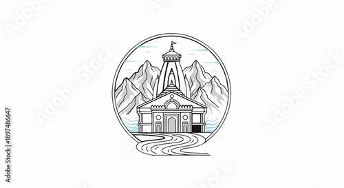 Stylized drawing of a temple amidst mountains and a river
