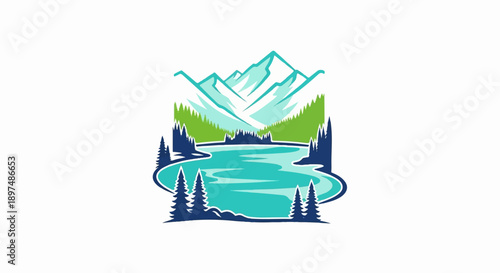 Stylized mountain range over a lake with evergreen trees
