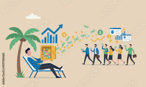 Passive, piggy meeting teams together bank investment or stock dividend and profit to be financial freedom concept, relax businessman open safe with wealthy treasure inside and money coins walking in