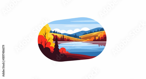 Serene autumn landscape featuring a lake reflecting colorful hills and trees under a cloudy sky