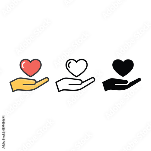 Three hands offering hearts in different colors and styles